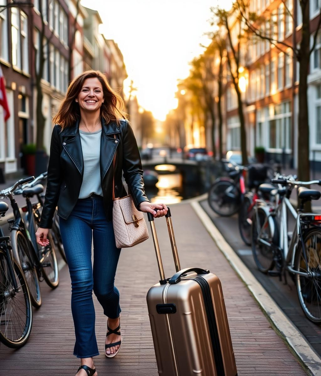 Reiziger met koffer langs de Amsterdamse gracht