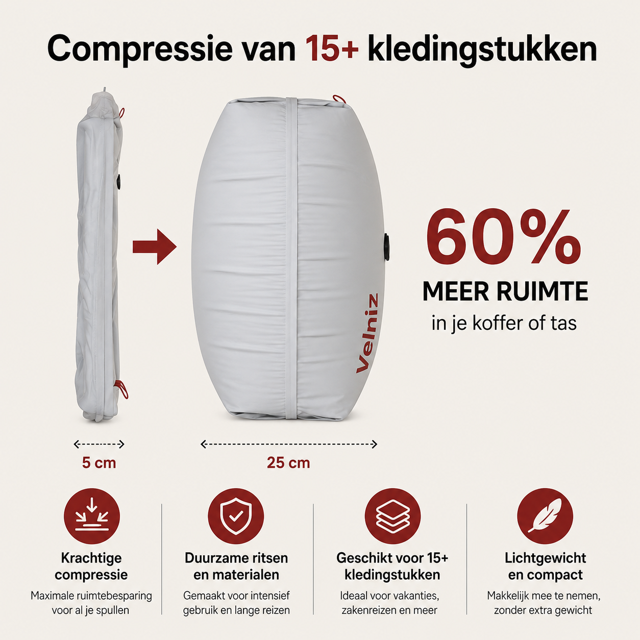 Compressie van 15+ kledingstukken met Velniz PackPro